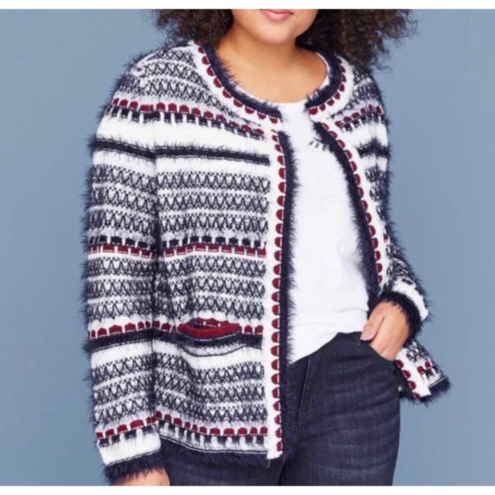 Lane Bryant Open Front Cardigan Sweater Eyelash Knit Ivory Blue Women's Sz 18/20